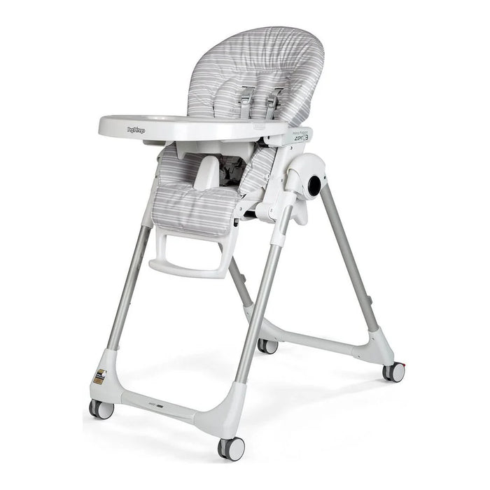 Peg Perego Zero 3 Linear Grey Baby high chair with gray and white patterned seat on a white background