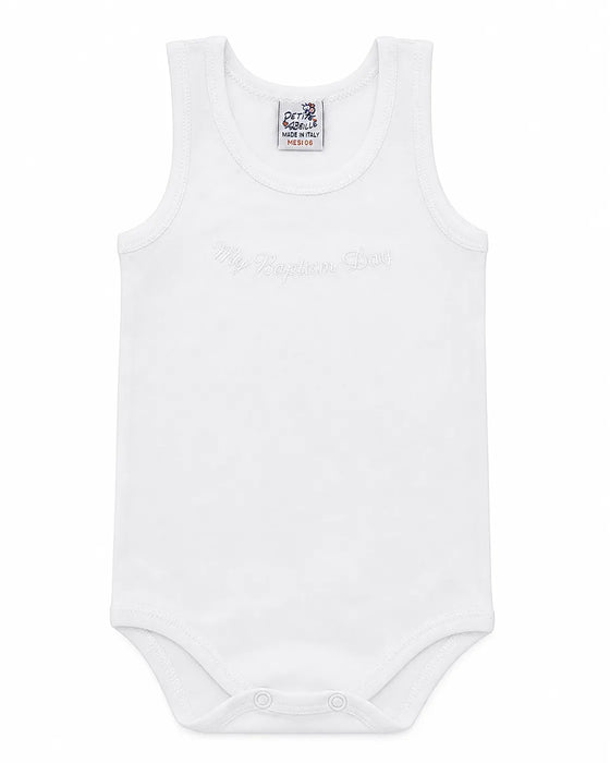 Petit Abeille baptism undershirt sleeveless white bodysuit with My Baptism Day text, laid flat.
