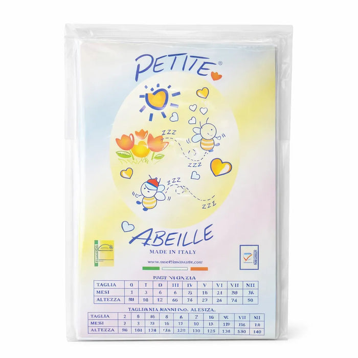 Petite Abeille baby undershirt package with cartoon bees and sizing chart on front.