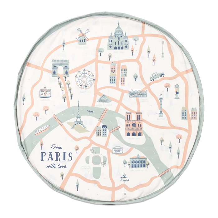 Round play mat with illustrated Paris landmarks, soft pastel colors, city map design for kids.