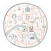 Round play mat with illustrated Paris landmarks, soft pastel colors, city map design for kids.