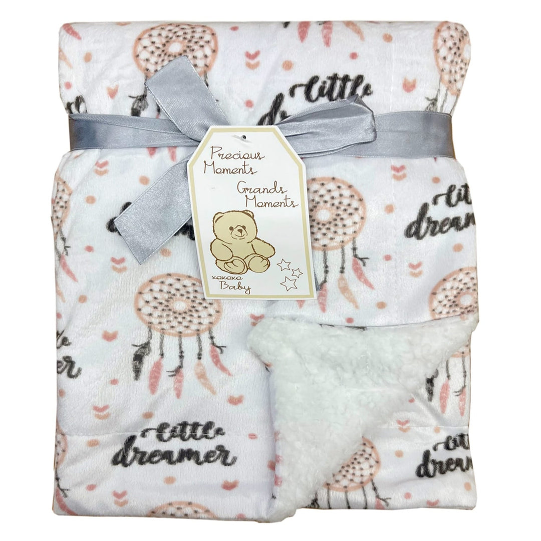 Pink and white sherpa baby blanket with dreamcatcher and 'little dreamer' print, gift tag attached