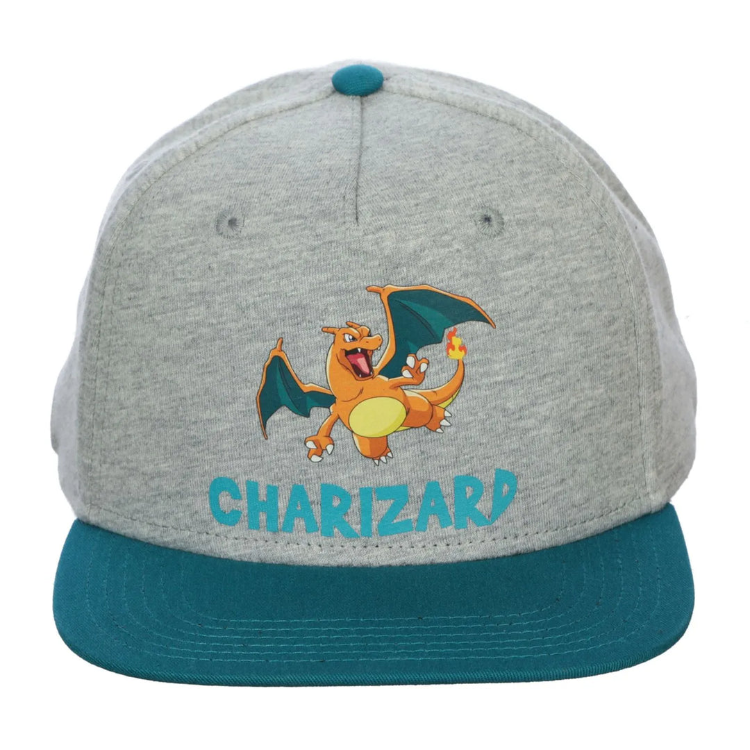 Pokemon Charizard youth grey athletic jersey snapback hat shown from the front on a plain background.