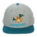 Pokemon Charizard youth grey athletic jersey snapback hat shown from the front on a plain background.