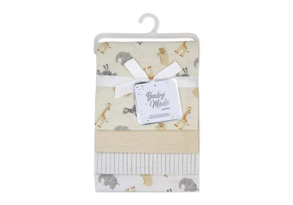 Precious Moments Blanket Mini Safari set folded with safari animal prints, packaged on a white hanger.
