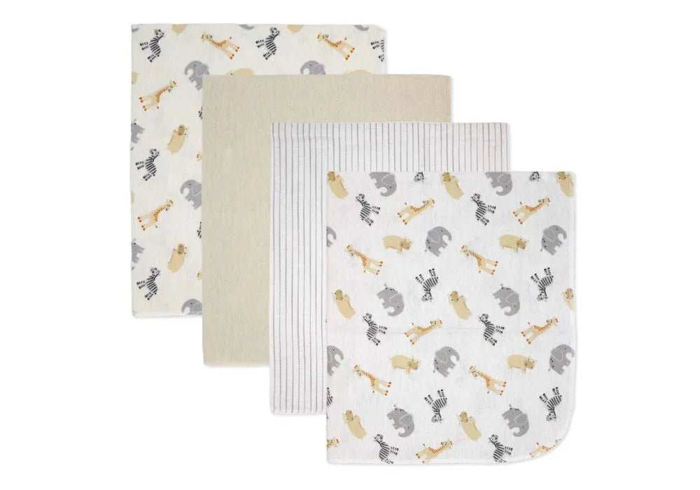 Precious Moments Mini Safari baby blankets with animal prints and neutral patterns arranged flat.