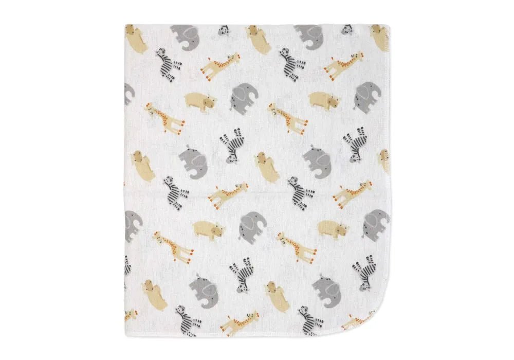 Precious Moments Mini Safari blanket featuring safari animal print on a white background, laid flat.