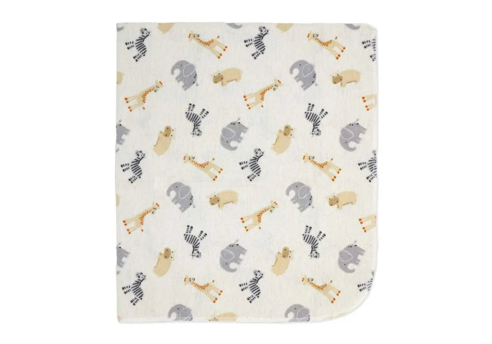 Precious Moments Blanket Mini Safari shown flat with cute giraffe, zebra, elephant, and hippo print.
