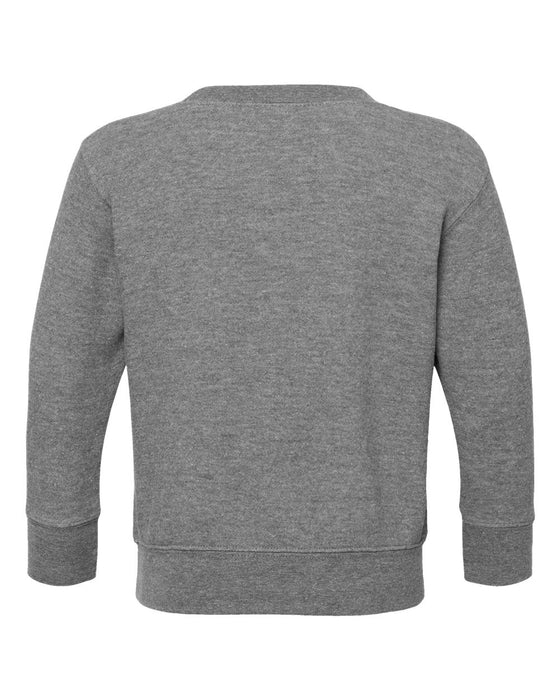 Back view of kids grey fleece crew neck sweatshirt with ribbed cuffs and hem