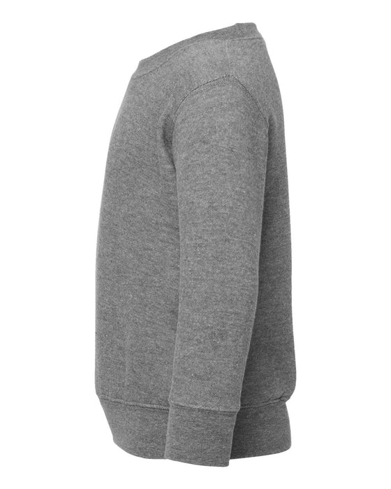 Kids' fleece crew neck sweatshirt in granite heather, side view on white background