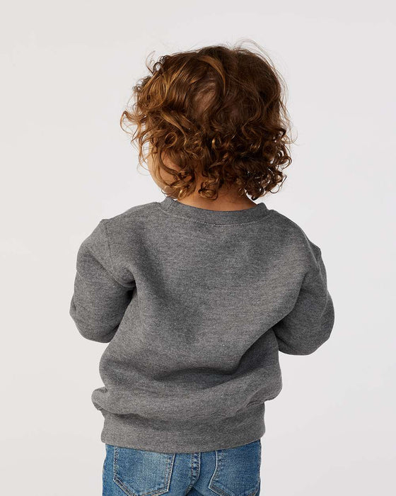 Toddler wearing a granite heather fleece crew neck sweatshirt and blue jeans, back view
