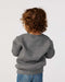Toddler wearing a granite heather fleece crew neck sweatshirt and blue jeans, back view