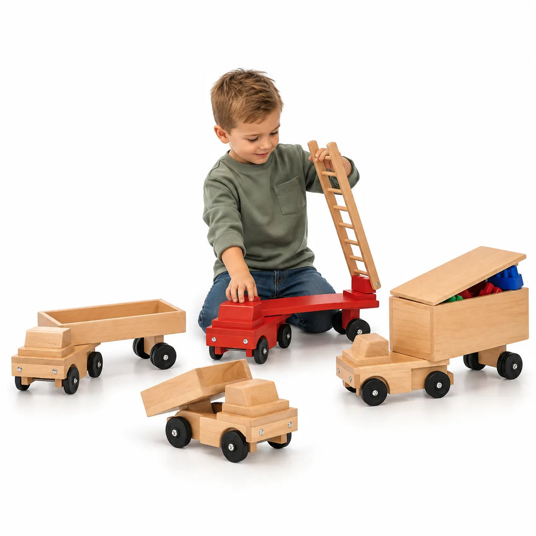5 choices of big ride-on maple wood tranportation toys - boy playing with fire truck