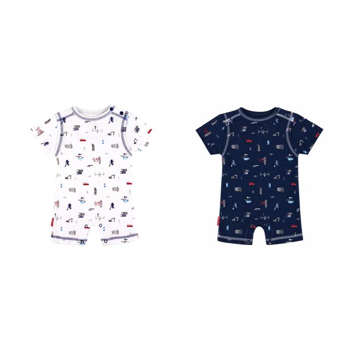 Baby short sleeve rompers with playful prints shown flat in white and navy color options.