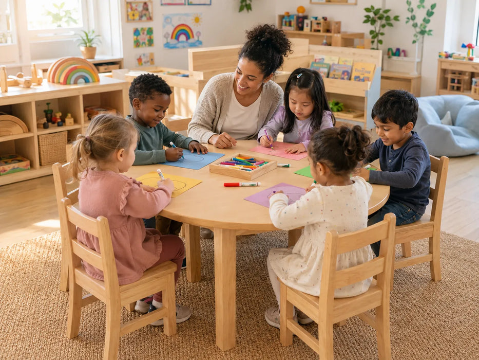 Table ronde en érable massif pour garderie, CPE et classe préscolaire | Goldtex
