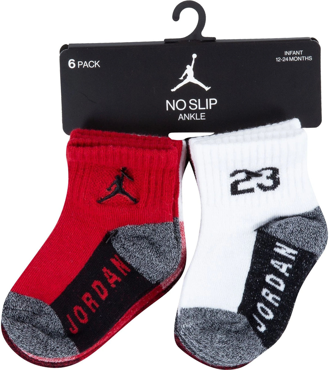 Jordan infant no slip ankle socks in red and white, size 12-24 months, displayed on hanger.