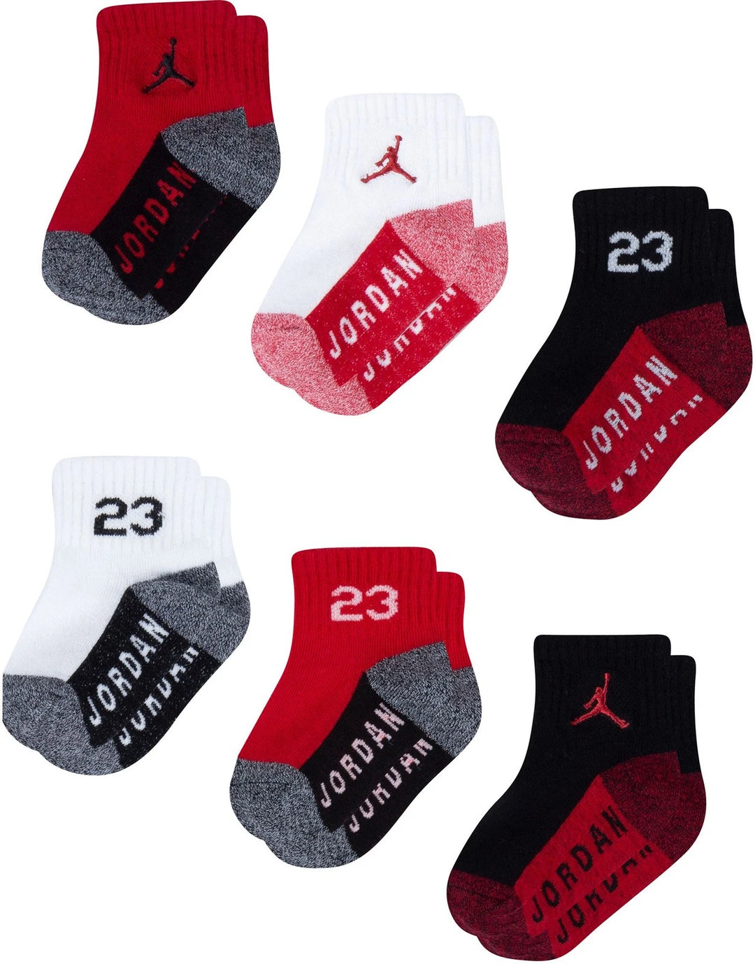 Jordan baby socks set with Jumpman logo and number 23 in red, white, and black on white background.