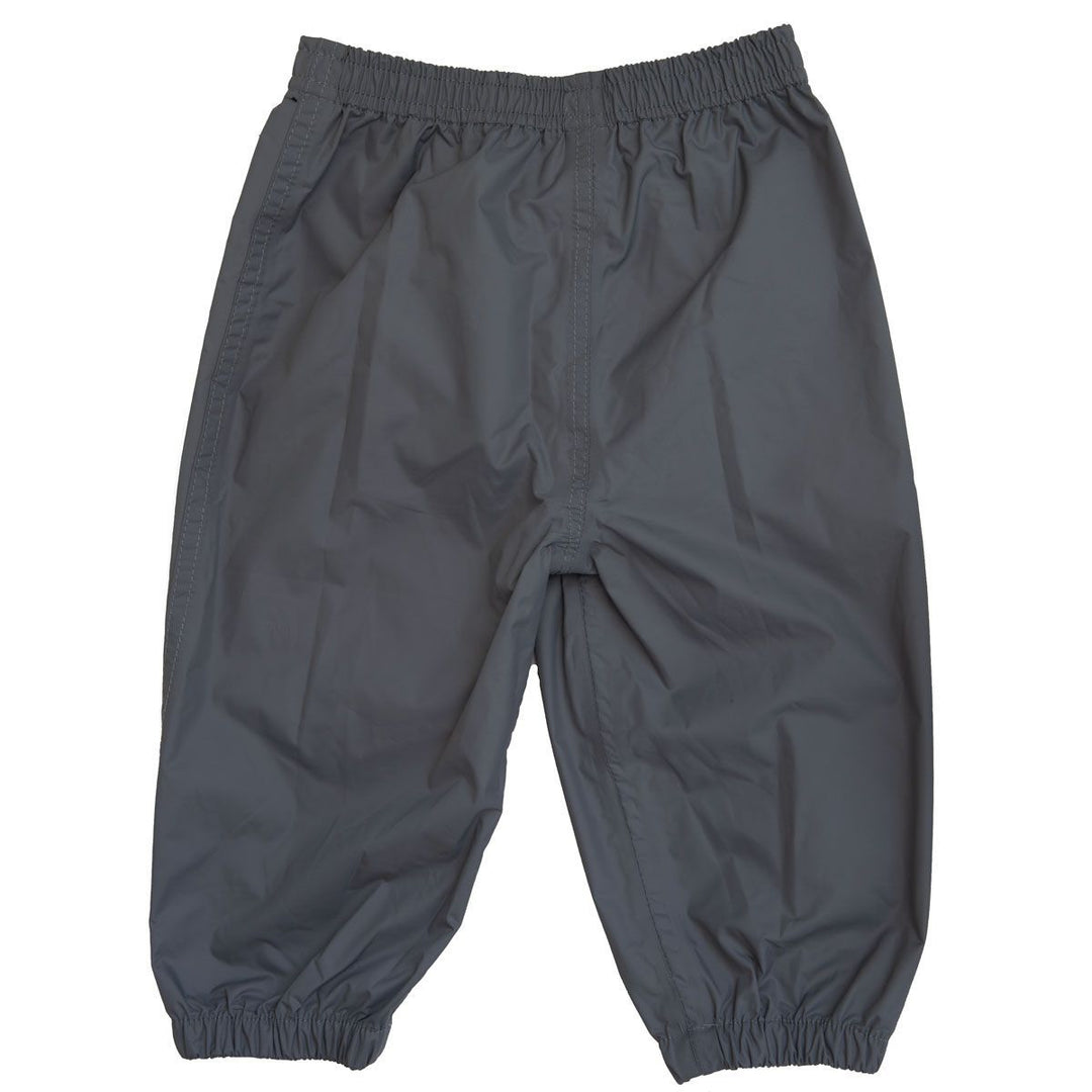 Grey waterproof kids rain pants with elastic waist and cuffs on white background