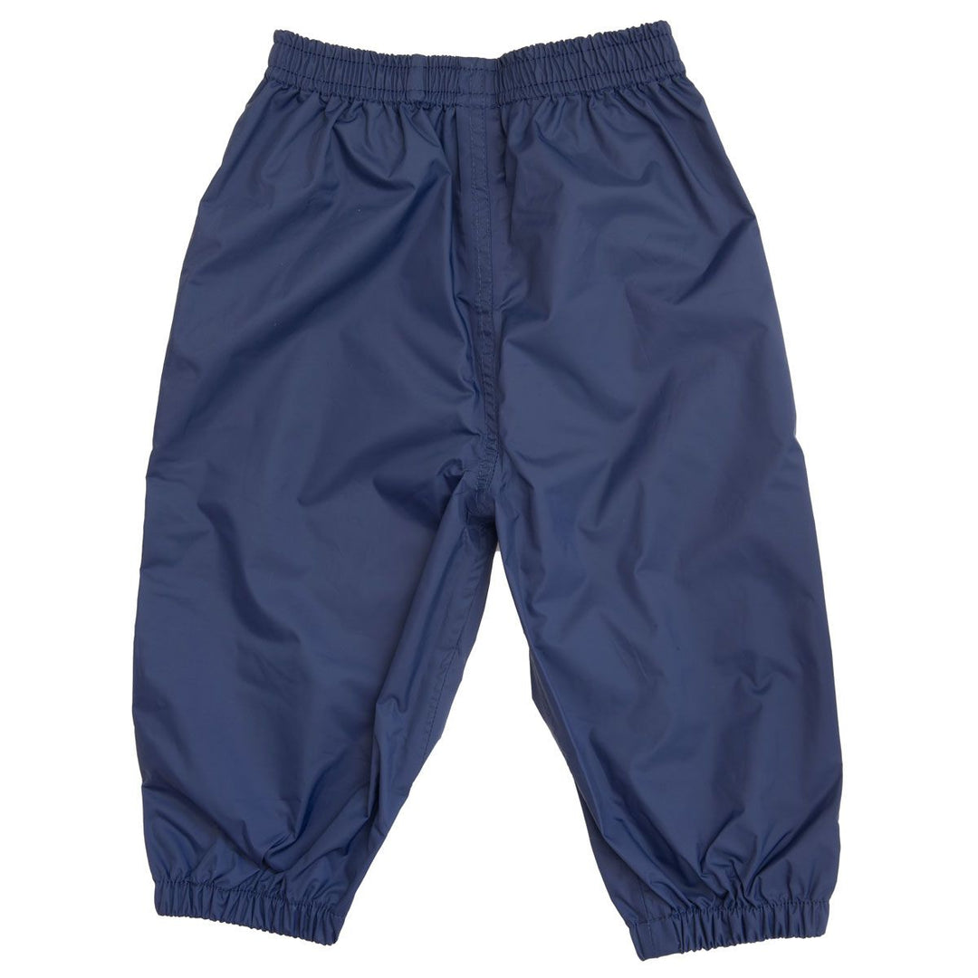 Navy blue waterproof kids pants with elastic waistband and cuffs, school uniform style
