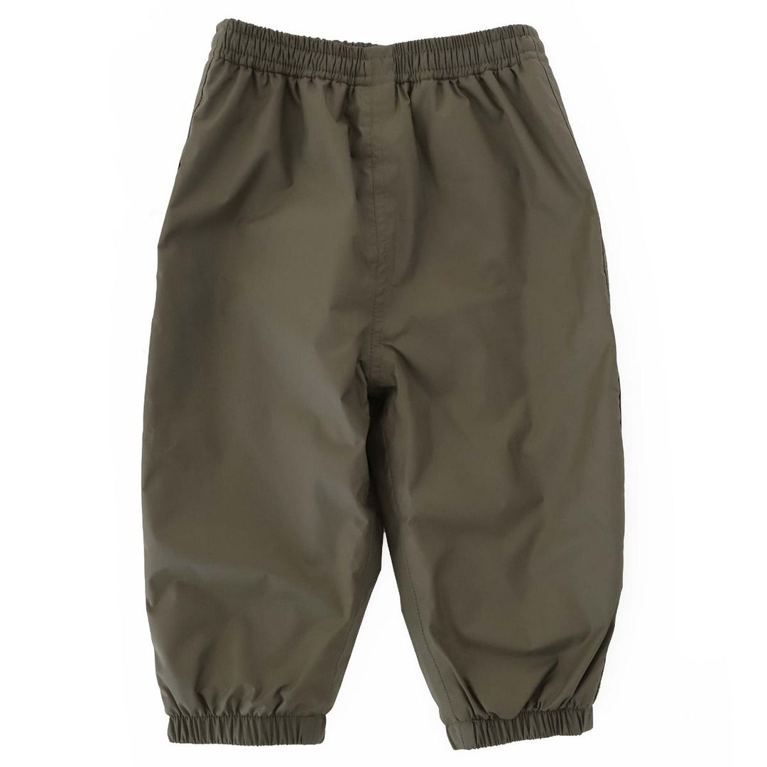 Olive green waterproof kids' pants with elastic waistband and cuffs, toddler clothing