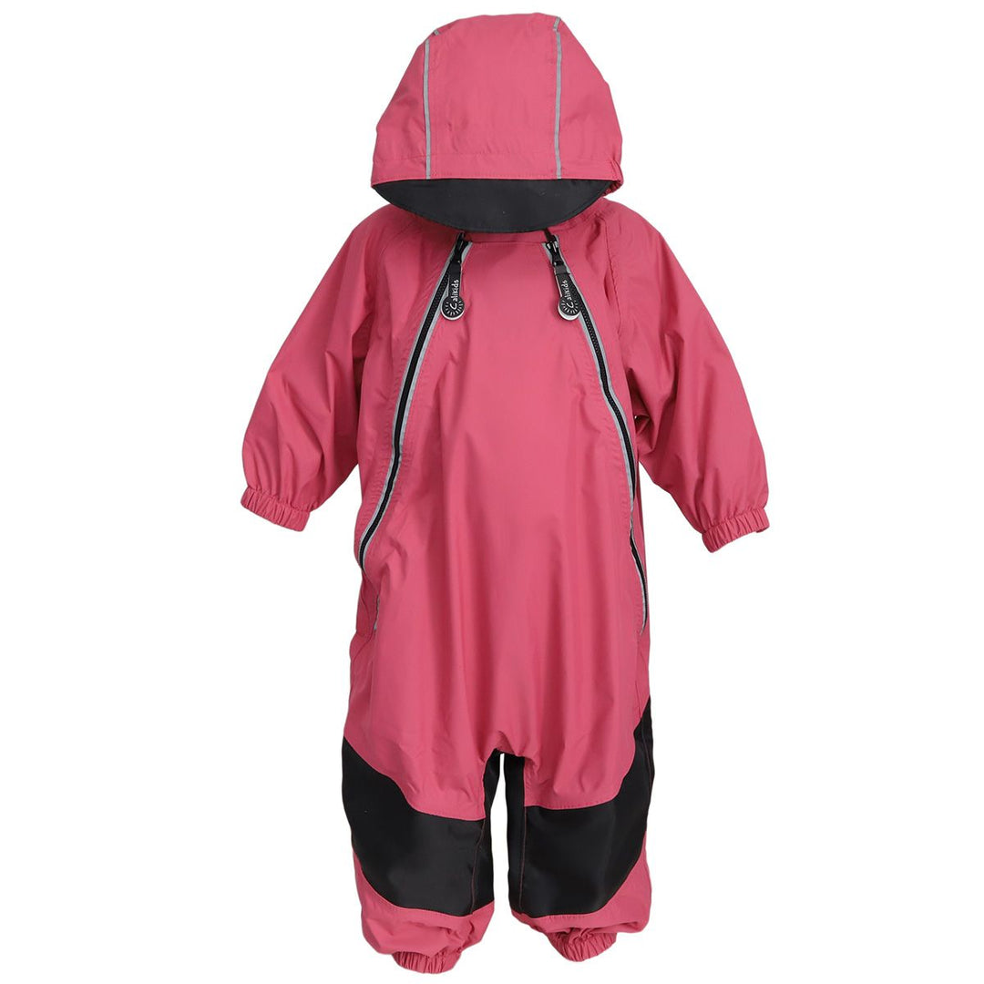 Pink waterproof baby snowsuit with hood, dual front zippers, and black knee patches