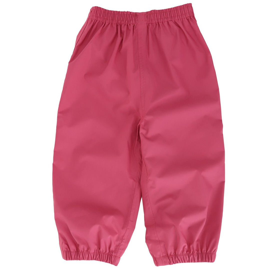 Pink waterproof kids' pants with elastic waistband and cuffs, ideal for outdoor play