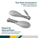 Two-pack of gray-handled baby nail clippers with metal files on white background
