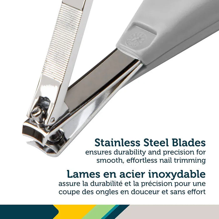 Close-up of fold-up stainless steel nail clipper with ergonomic gray handle for babies and kids