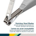 Close-up of fold-up stainless steel nail clipper with ergonomic gray handle for babies and kids