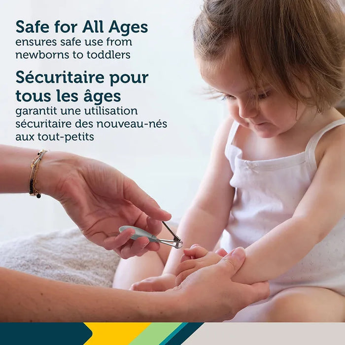Adult using baby nail clippers to trim infant's nails, text promoting safety for all ages.