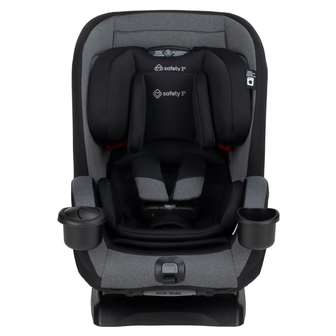 Black and grey convertible car seat with padded headrest, five-point harness, and two cup holders