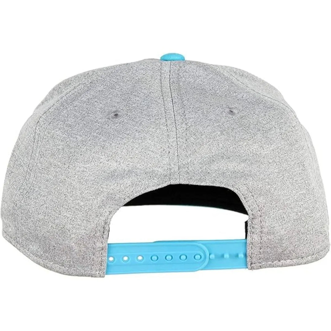 Kids grey snapback cap shown from the back with an adjustable blue plastic strap.