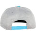 Kids grey snapback cap shown from the back with an adjustable blue plastic strap.