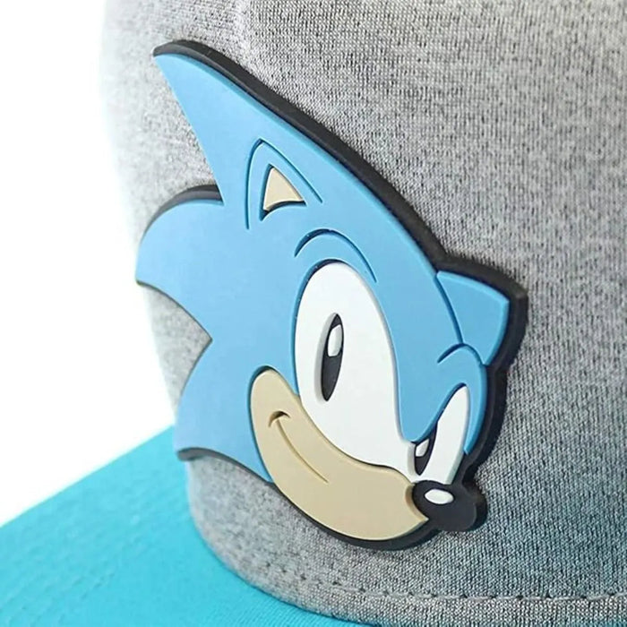 Grey and blue kids cap featuring a close-up of a Sonic the Hedgehog character patch on the front.