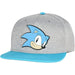 Sonic the Hedgehog kids snapback hat in grey with blue brim, shown from the front on a white background.