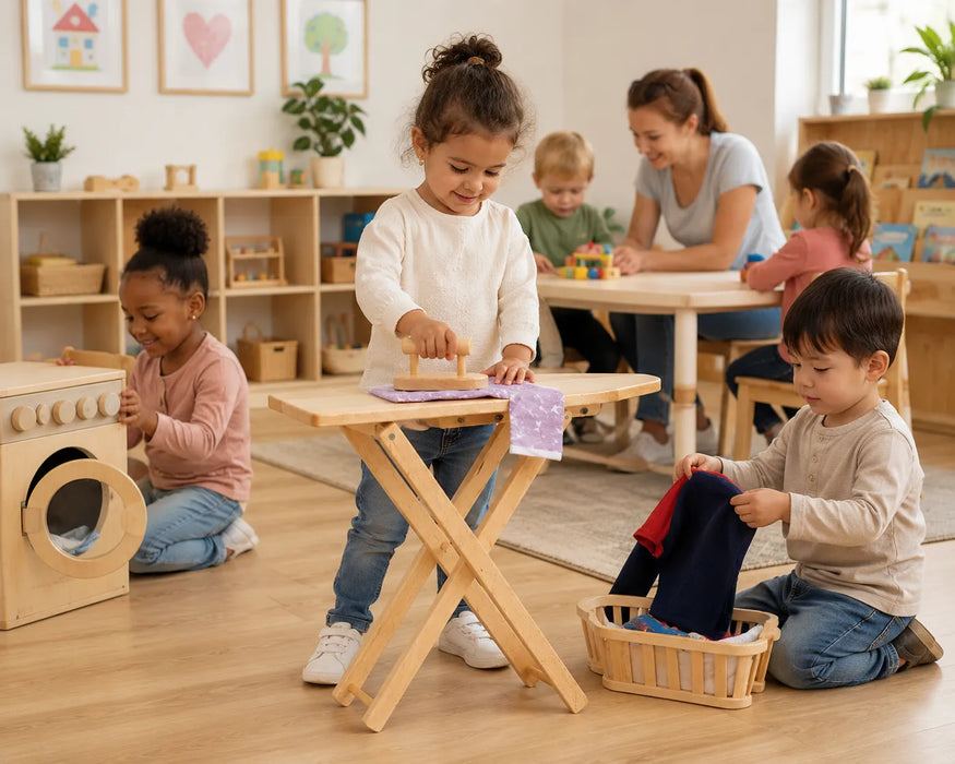 Solid maple wood foldable kids pretend play ironing board - daycare lifestyle