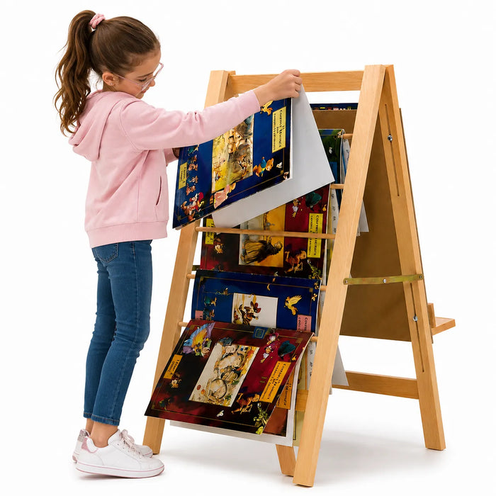 Solid maple wood large book stand display with girl picking up a large book