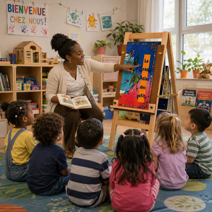 Solid maple wood large book easel at daycare during story time with children listening