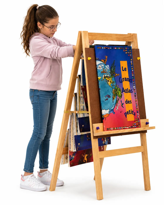 Solid maple wood large book stand with girl consulting the books