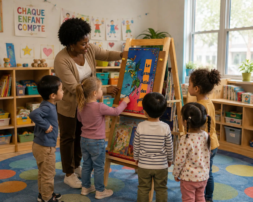 Solid maple wood large book easel at daycare during story time with children standing around to see the books up-close
