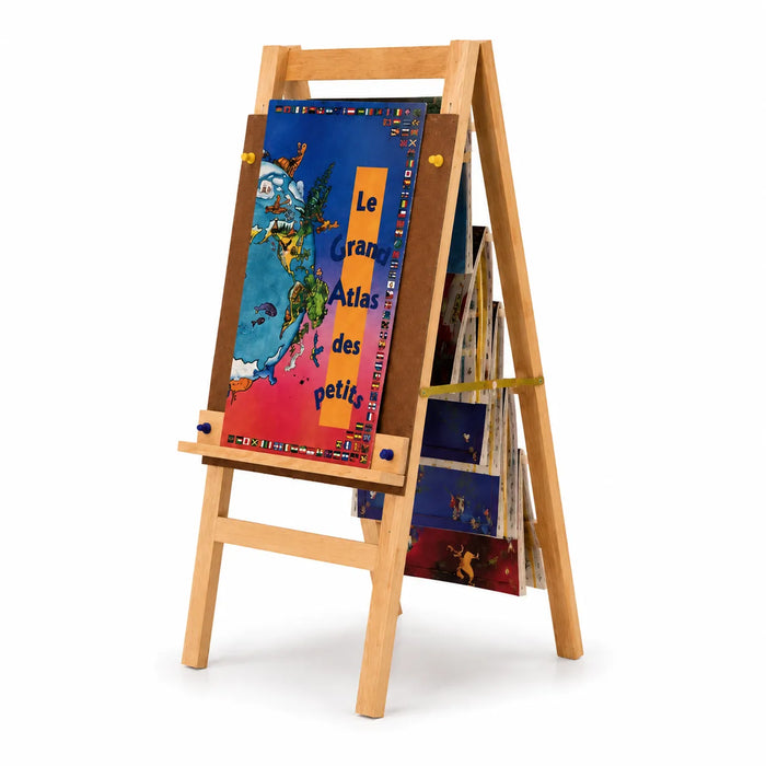 Solide maple Wooden children's book stand with colorful books on a white background