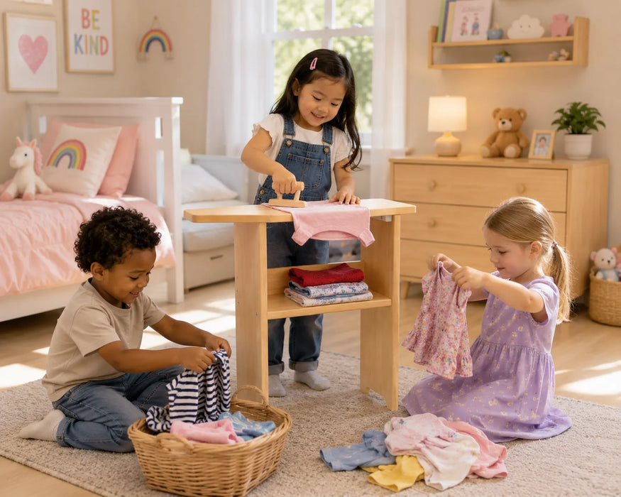 Solid maple wood ironing board kids pretend play -  children playing ironing in child room at home
