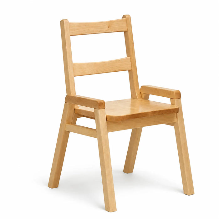 Solid maple wood stackable children daycare classroom chair on white background