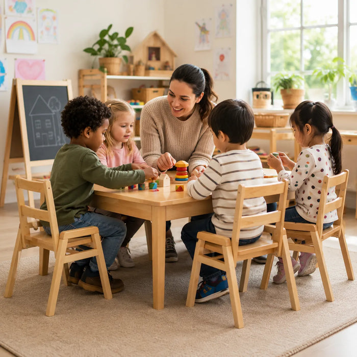 Solid maple wood stackable children daycare classroom chair - Daycare lifestyle - Children around a table playing