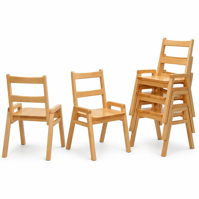 Solid maple wood stackable children daycare classroom chair - stacked chairs on a white background
