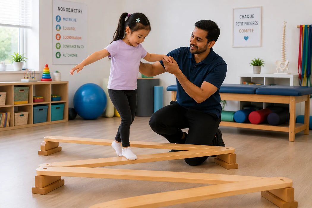 solid maple wooden balance board for kids - Physiotherapist assisting a young girl with exercises on wooden parallel bars in a therapy room.