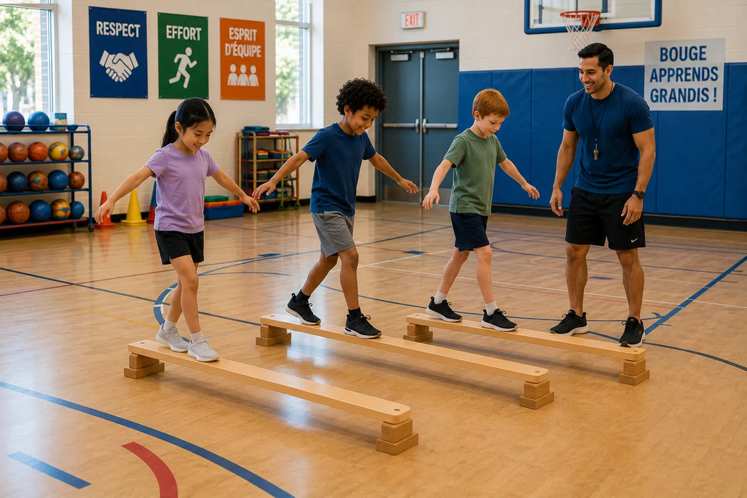 solid maple wooden balance board for kids - children in a school gym on the boards with the teacher supporting them