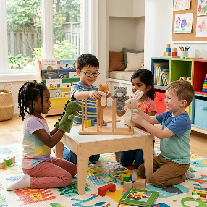 Solid maple wood puppet rack - children playing with animal puppets Montessori Kids playroom