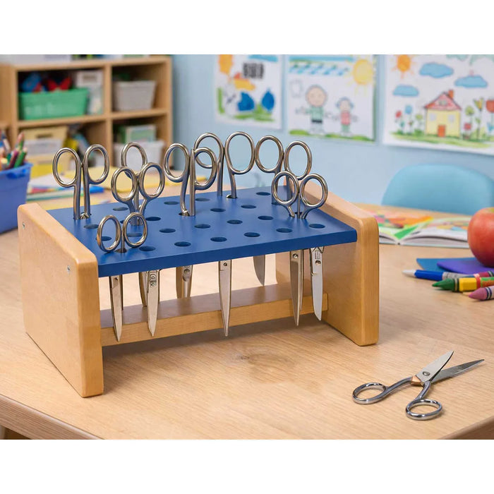 solid wood scissor organizer on a teacher's desk in a classroom
