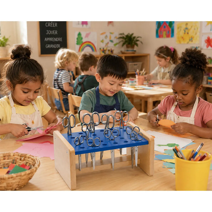 solid maple wood scissor rack on an activity table in a daycare class with children crafting